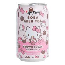 Pink and White can of A-SHA Hello Kitty Brown Sugar Boba Tea