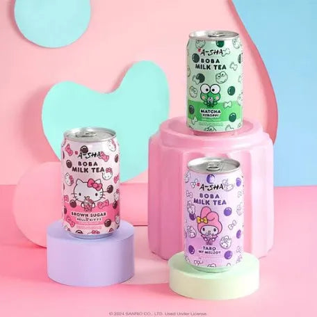 A-SHA Sanrio Boba Tea Milk Can Collection Hello Kitty Brown Sugar, My Melody Taro. Keroppi Matcha Flavors