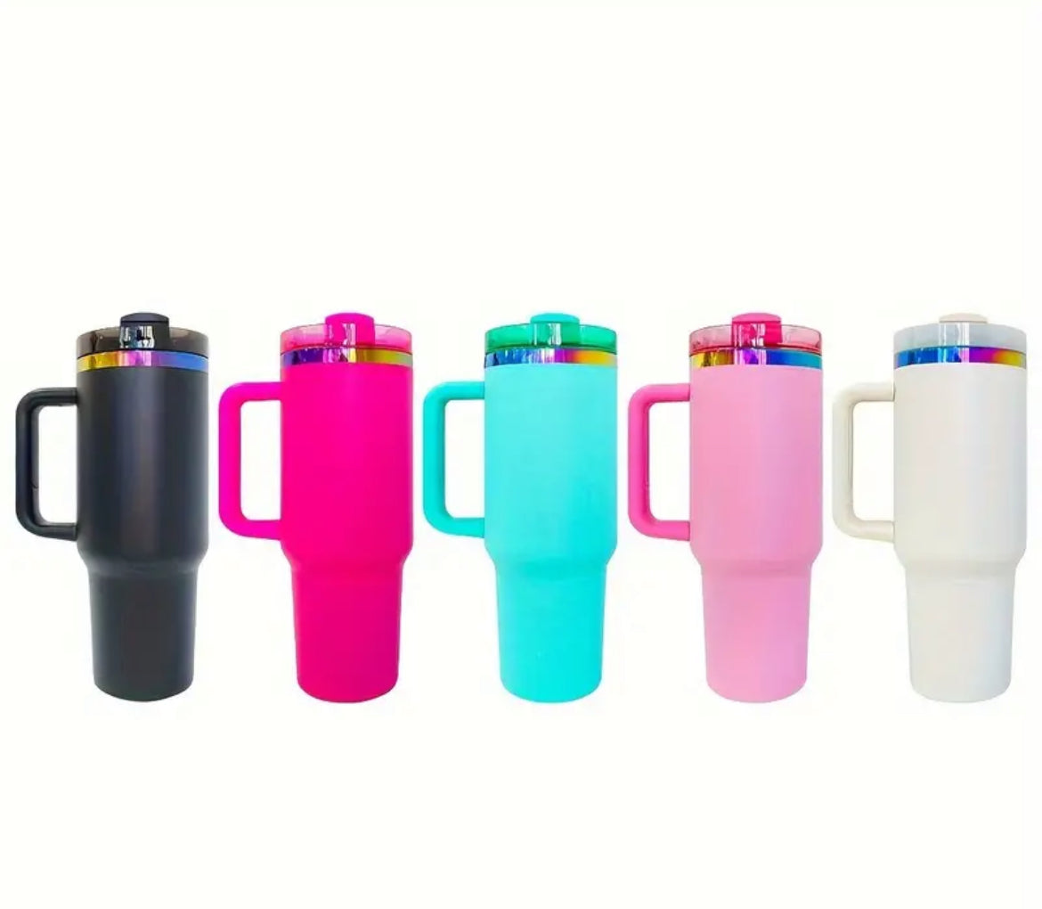 Black, Hot Pink, Teal, Light Pink, and Pearl White Rainbow 40oz Tumblers With Handles