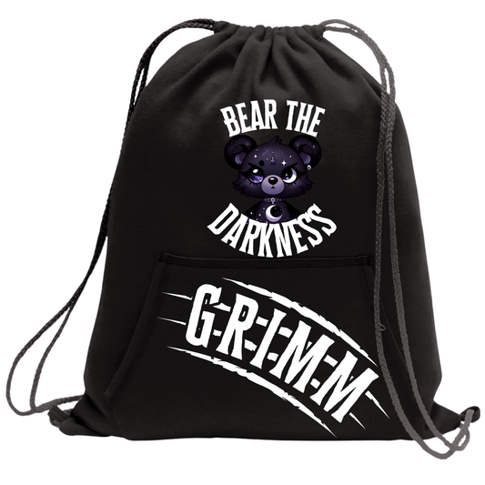 Bear the Darkness Hoodie Drawstring Backpack made from soft hoodie material with front pouch pocket