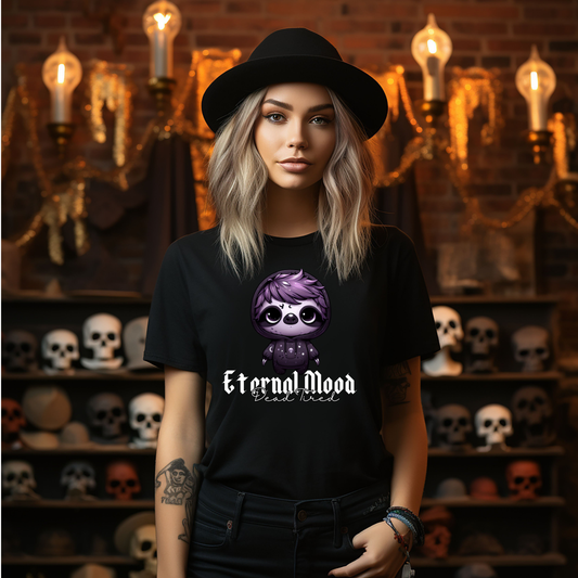 Eternal Mood Dead Tired Tee featuring goth sloth Shadow with 'Dead Tired' graphic design