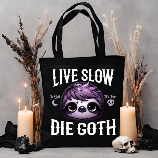 A canvas tote bag featuring Shadow the Sloth and the slogan "Live Slow Die Goth," from the Grimm & Friends Goth Collection.